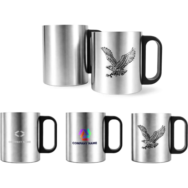 A stainless steel insulated mug with a plastic handle, featuring various designs and a logo. Available in silver with black accents.