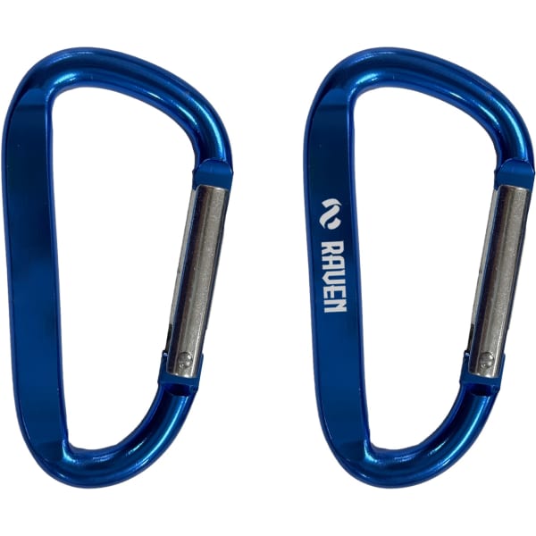 Two blue 8cm carabiners with a silver latch, featuring a logo on one side.