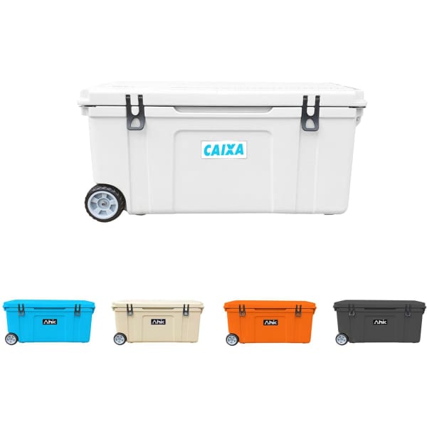A 120L cooler box in white with wheels, featuring multiple colour options including blue, beige, orange, and black.