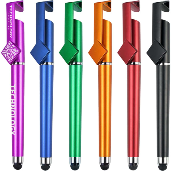 A collection of six 3 in 1 QR Code Pens in purple, green, red, orange, blue, and black, featuring a logo.