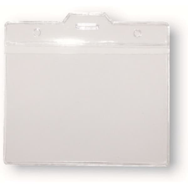 A clear PVC card holder with a top slot for attachment and rounded corners.