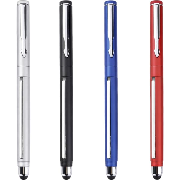 A set of four 2 in 1 commercial banner pens in silver, black, blue, and red, featuring a sleek design and a logo.