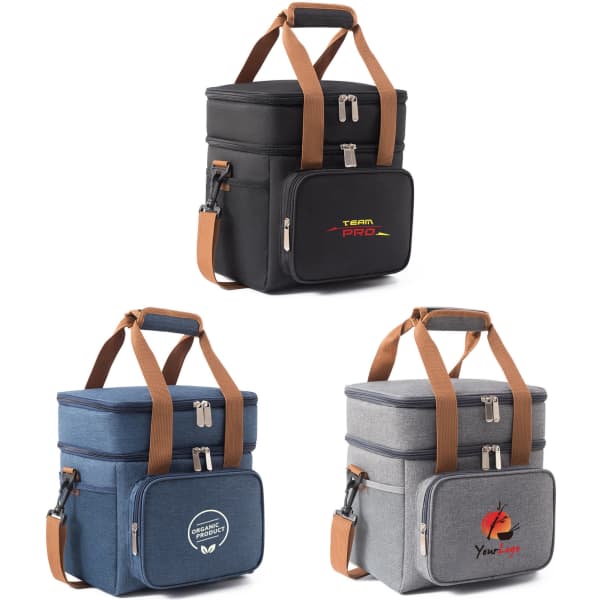 Three 10L cooler bags in black, blue, and grey, each with branded logos and brown straps.