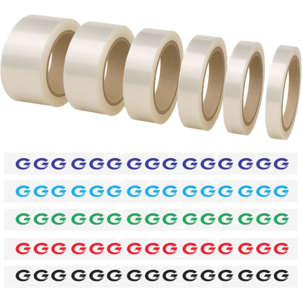 A collection of clear BOPP packing tape rolls in various sizes, alongside colour-coded printed tape in red, blue, green, and black.