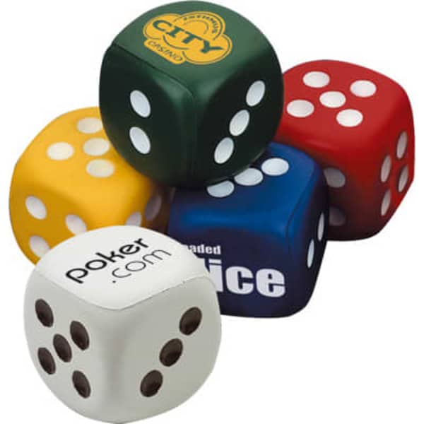 A set of colourful stress reliever dice in green, red, blue, yellow, and white, featuring logos.