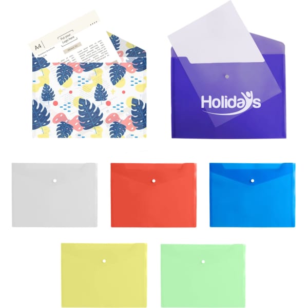 A4 Clear File Envelope available in purple, red, green, yellow, blue, and grey, with a logo on one variant.