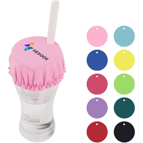 A drink bottle with a pink anti-spike cover and a straw, displayed alongside various colour samples.