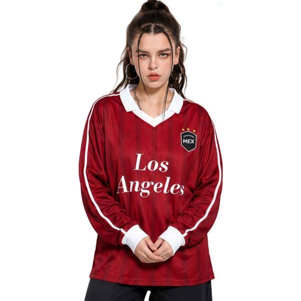 A red, long-sleeved football jersey with a white collar and a logo; features the text "Los Angeles."