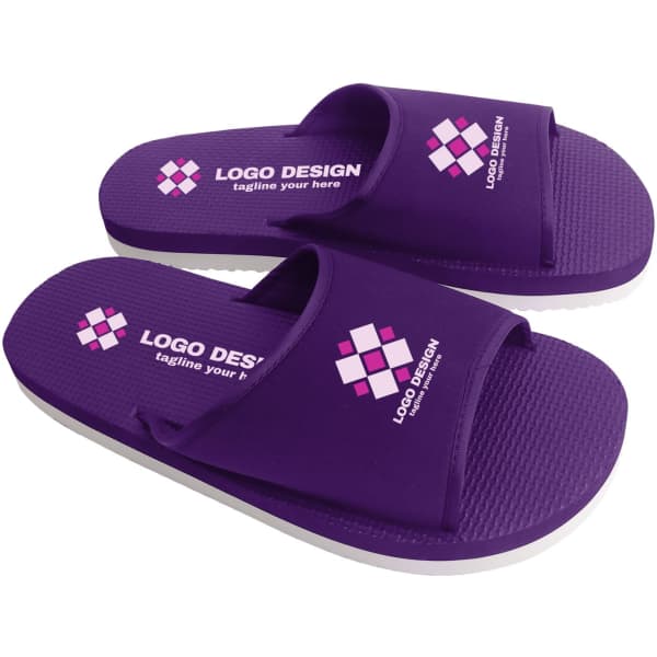 Purple EVA Slides with a textured sole and a strap featuring a logo design.