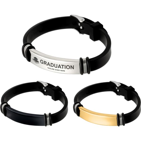 A set of engraved bracelets in silver, black, and gold finishes, featuring a logo on the clasp.