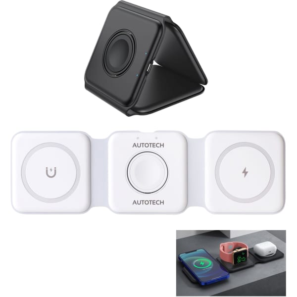 A black 3-in-1 foldable MagSafe wireless charger with a white base for charging multiple devices.
