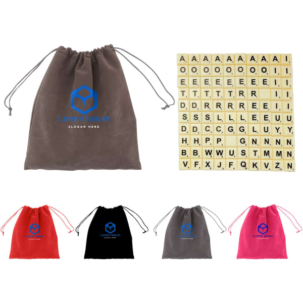 A drawstring bag in grey with a logo, containing wooden alphabet letter tiles in cream and black.