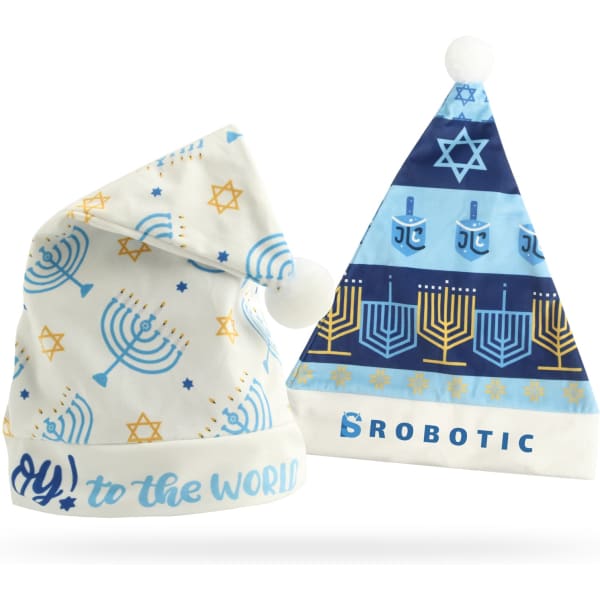 A colourful Santa hat featuring blue and white designs, with stars and menorahs, topped with a white pom-pom.