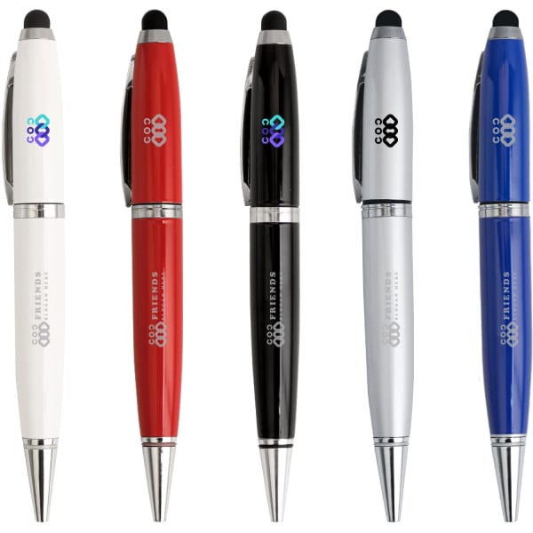 A 3in1 Metal Flash Drive Pen featured in red, black, silver, blue, and white, with a logo on each pen.