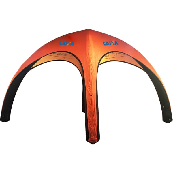 An orange and black 3x3m inflatable marquee features a curved design and has a logo on it.