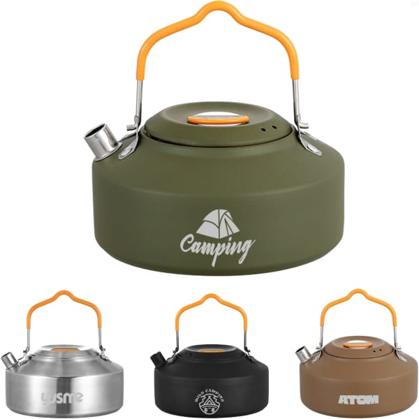 A camping kettle in green with an orange handle, featuring a spout and a logo, alongside two silver and black options.