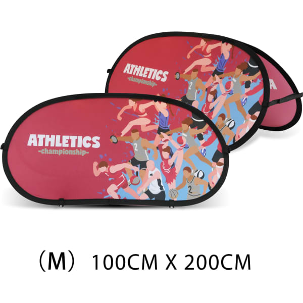 Bean-shaped pop-up banners in red with a dynamic illustration, measuring 100cm x 200cm. Features a logo.