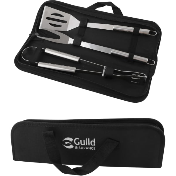Three-piece barbecue tool set in stainless steel with a black pouch, featuring a spatula, fork, and tongs.