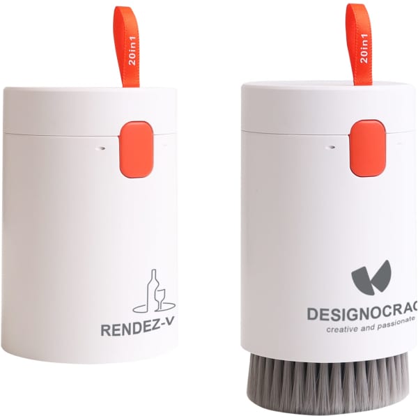A compact white cleaning kit featuring a brush and a storage container, with an orange accent and branding on one side.