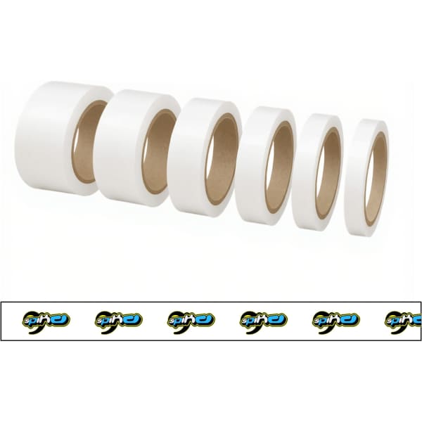 A set of white BOPP packaging tape rolls of varying widths, featuring a logo on the packaging.
