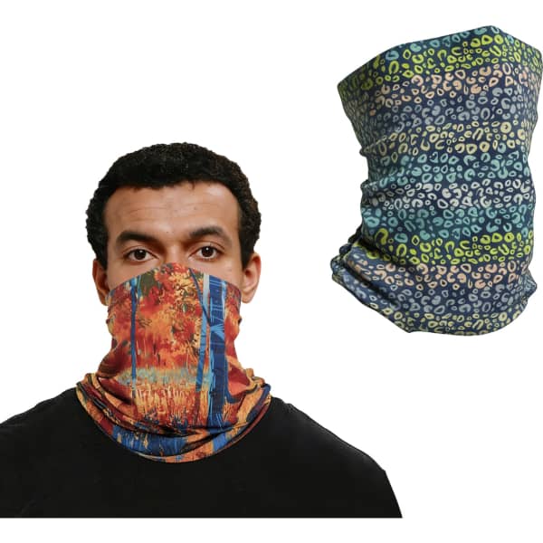 A brushed Lycra warm gaiter in two designs: one featuring a forest pattern and the other with a leopard print.