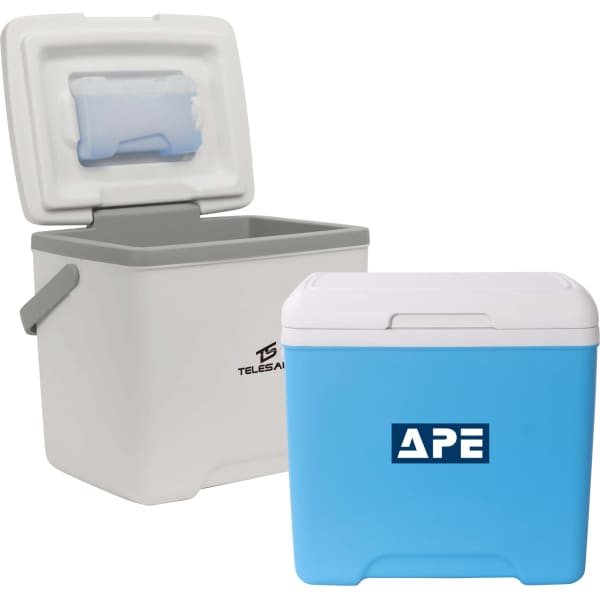 A cooler box in white and blue with an open lid, featuring a logo on the front.