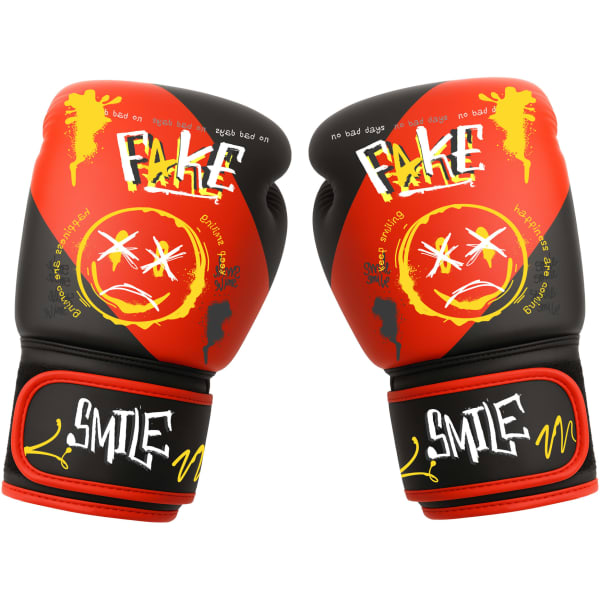 Red and black adult training boxing gloves with a bold design featuring graffiti-style text and a logo.