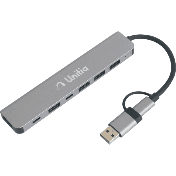 A silver 7-in-1 USB hub with multiple ports and a connected USB cable. It features a logo.
