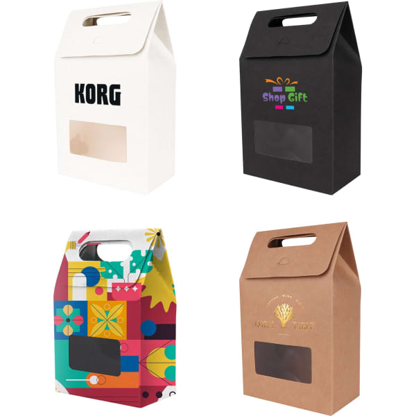 A selection of die cut handle bags in white, black, brown, and colourful designs, each with a window and branding.