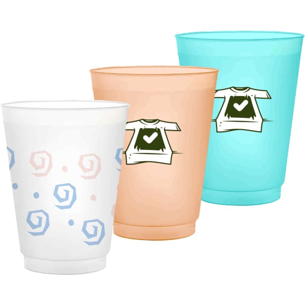 Three frosted plastic stadium cups in white, peach, and turquoise, featuring various designs and a logo.