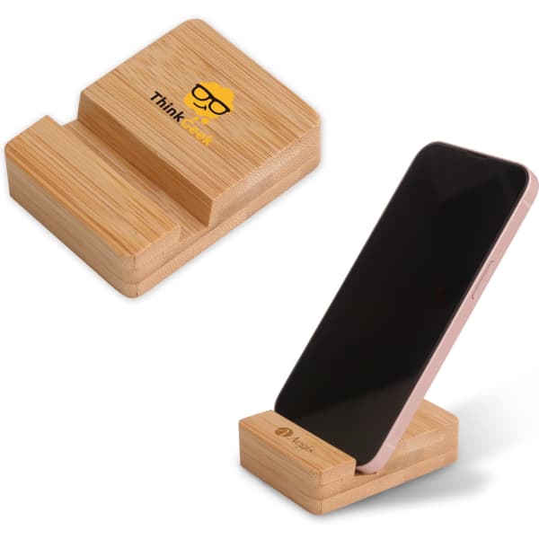 A bamboo phone holder in natural tones, featuring a logo, designed to support smartphones in an upright position.