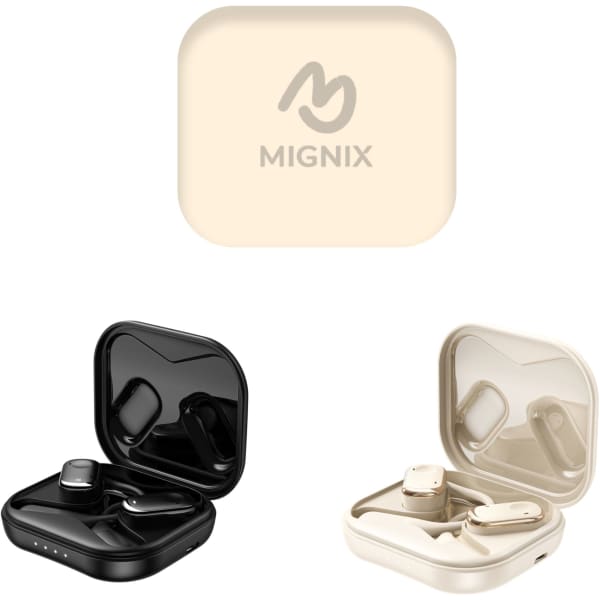 Open-ear headphones in black and cream cases, with a logo on the cream case, displayed together.