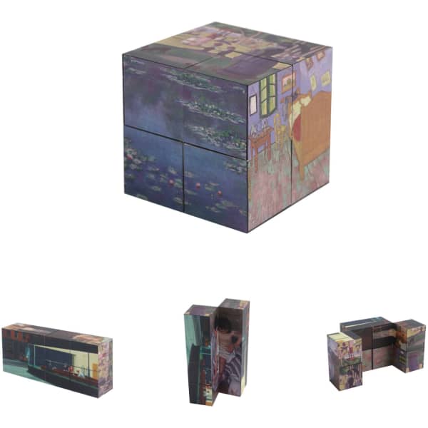A 3D magic cube featuring vibrant artistic designs, including scenes of water lilies and a cosy interior, with a logo.