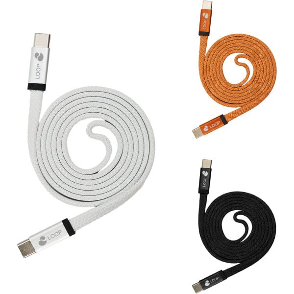 A flat braided charging cable set in white, orange, and black, featuring branding on the connectors.