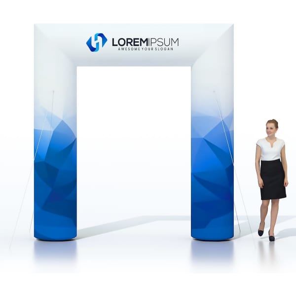 An inflatable event arch in blue with a geometric design and a logo is displayed beside a standing woman.