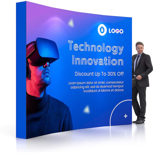 A curved blue display wall features a man in a suit and a virtual reality headset, with a logo and promotional text.