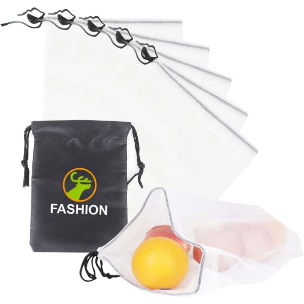 A set of five white produce bags with a black drawstring storage pouch, featuring a logo.