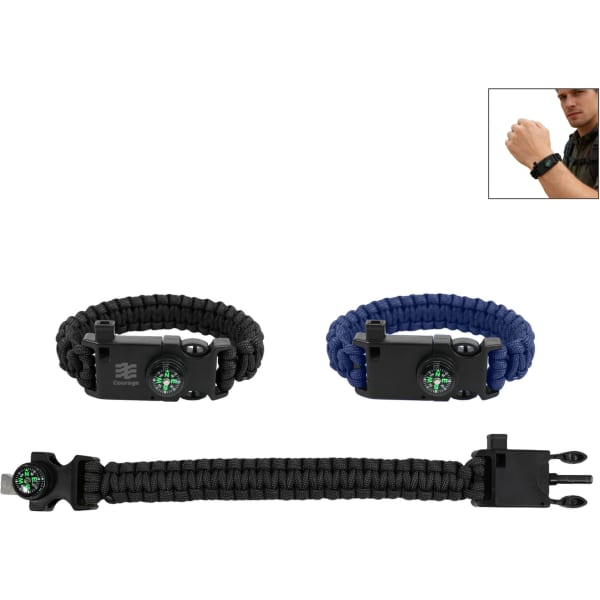 A black and a blue 6 in 1 paracord survival bracelet with a compass feature. Includes a close-up of the bracelet on a wrist.