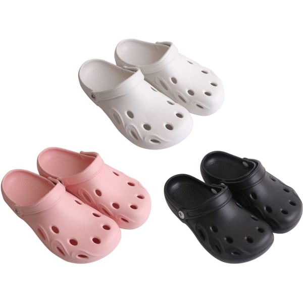 A set of Clog Slides in white, pink, and black, featuring ventilation holes and rounded design, with a logo on each pair.