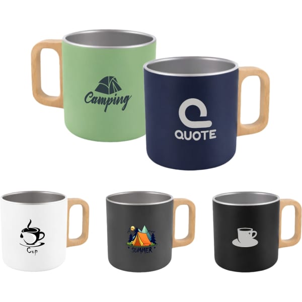 A drink bottle displaying five stainless steel insulated mugs with wooden handles, in green, navy, white, grey, and black.