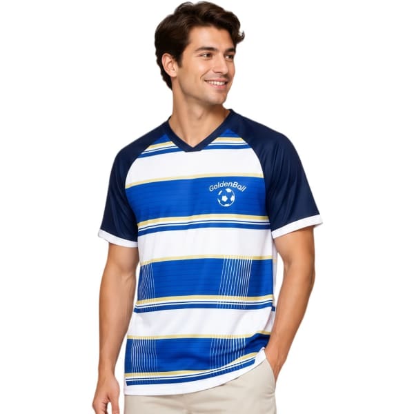 A blue and white striped V-neck raglan T-shirt with short sleeves, featuring branding on the front.