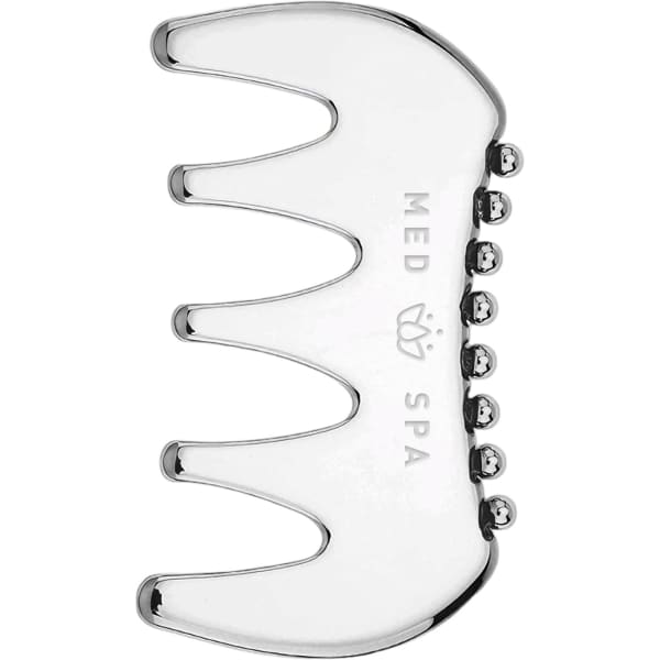 A metallic 2 in 1 scraping board with multiple rounded prongs, designed for health and beauty use.