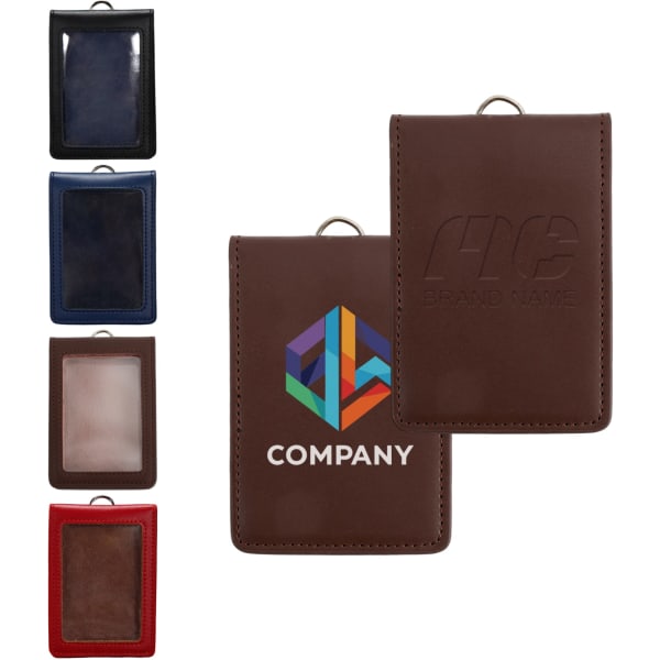 A variety of PU leather ID card holders in black, navy, blue, brown, and red with a logo on the brown holder.