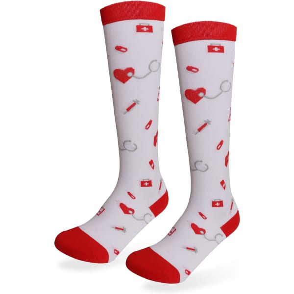 Red and white compression socks featuring a pattern of hearts, pills, and medical symbols, with a logo.