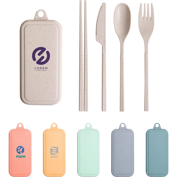 A travel utensils set featuring a case and four utensils: a fork, knife, spoon, and chopsticks in assorted pastel colours.