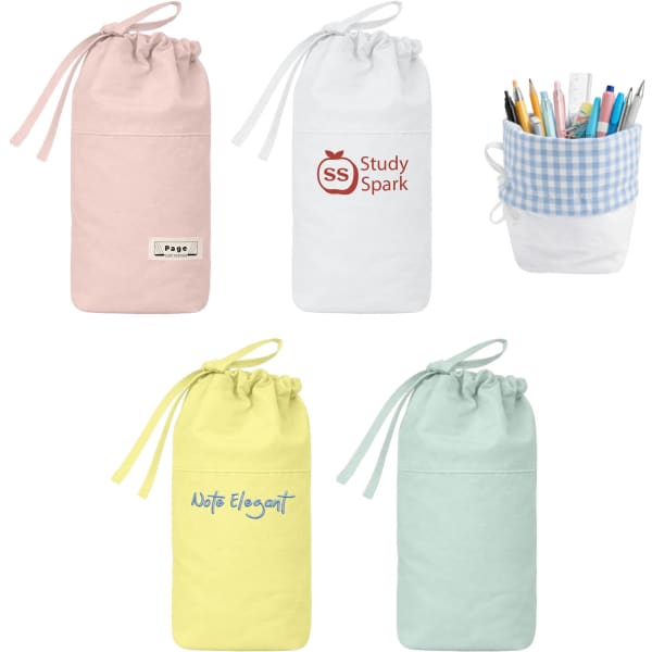 A foldable drawstring pencil case in pink, white, mint, and yellow, featuring a logo on one case.
