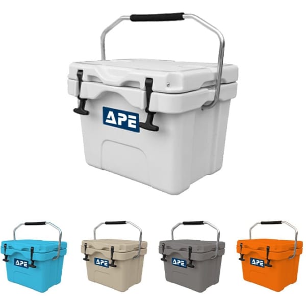A cooler box in white, with a handle, alongside options in blue, tan, grey, and orange. Features a logo.