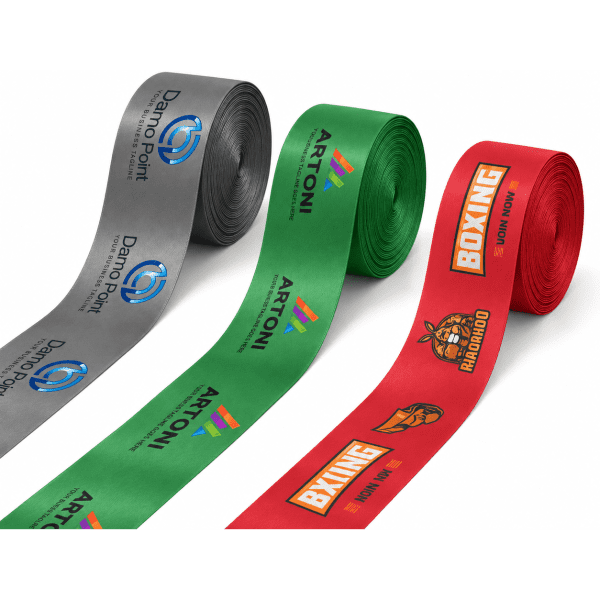 Three 100mm ribbons in grey, green, and red, each featuring logos and text designs.