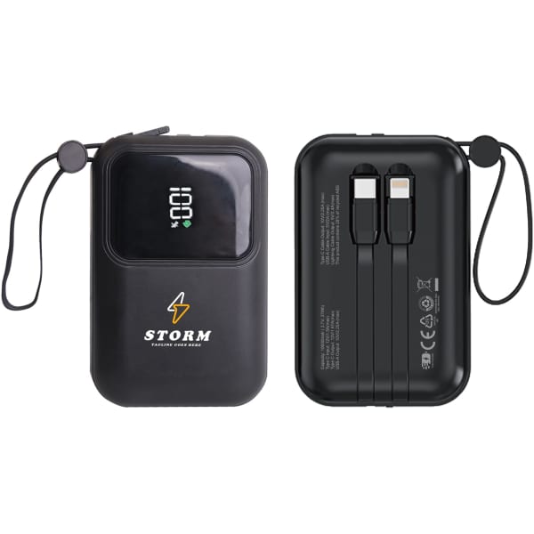 A black eco-friendly portable power bank with dual charging ports and a digital display. It has a logo on the front.