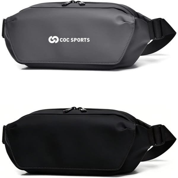 A fanny pack in grey and black with a logo on the front and a zippered compartment.